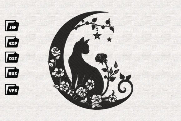 Cat and Moon Embroidery Design