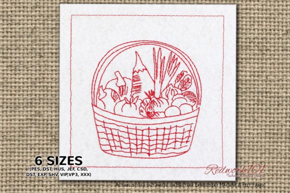 Fresh Vegetables in Basket Redwork