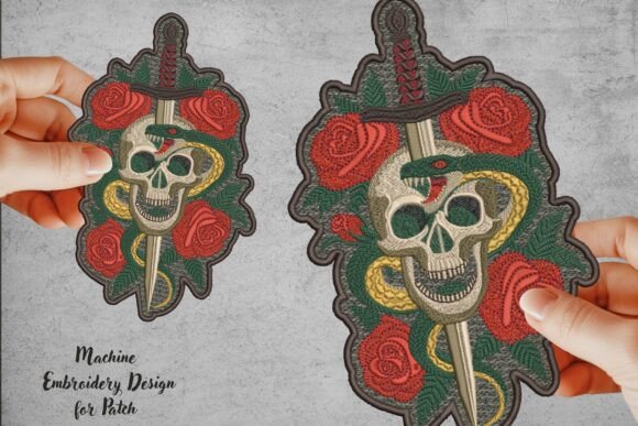 Skull Snake and Roses Patch Design